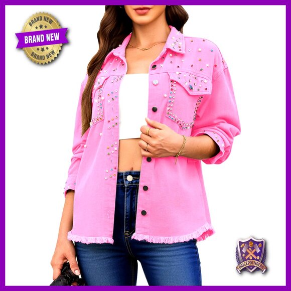 Oversized Denim Jacket Rhinestone Pearl Embellished Frayed Hem Trendy Y2K